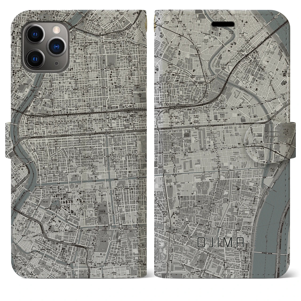 【大島】地図柄iPhoneケース（手帳両面タイプ・モノトーン）iPhone 11 Pro Max 用