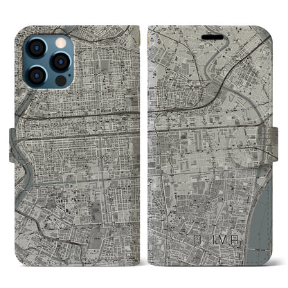 【大島（東京都）】地図柄iPhoneケース（手帳タイプ）モノトーン・iPhone 12 / 12 Pro 用