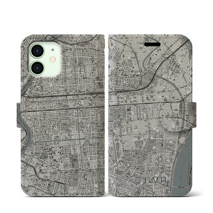 【大島（東京都）】地図柄iPhoneケース（手帳タイプ）モノトーン・iPhone 12 mini 用