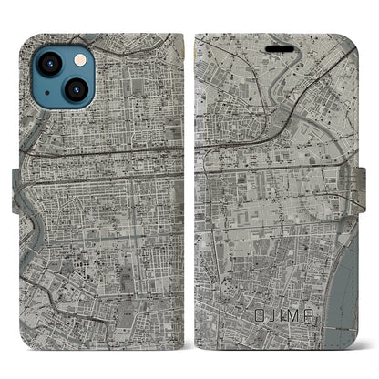 【大島（東京都）】地図柄iPhoneケース（手帳タイプ）モノトーン・iPhone 13 用