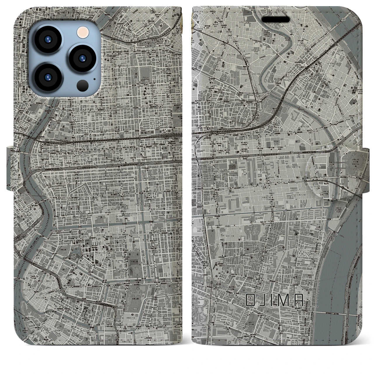 【大島】地図柄iPhoneケース（手帳両面タイプ・モノトーン）iPhone 13 Pro Max 用