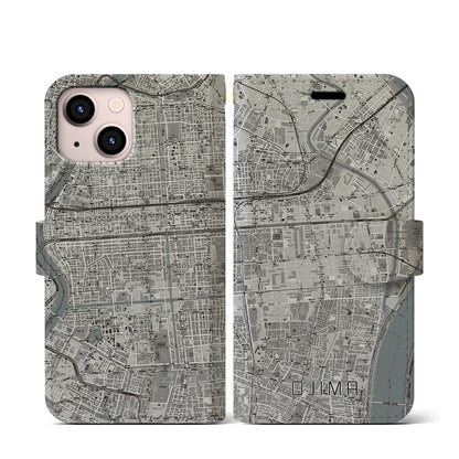 【大島（東京都）】地図柄iPhoneケース（手帳タイプ）モノトーン・iPhone 13 mini 用