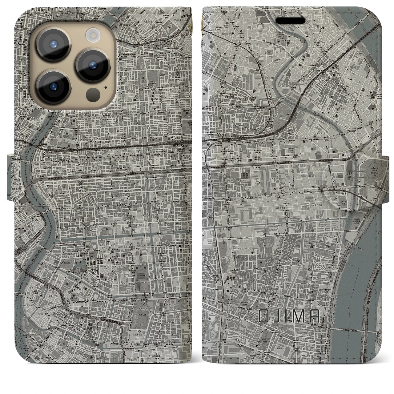 【大島】地図柄iPhoneケース（手帳両面タイプ・モノトーン）iPhone 14 Pro Max 用