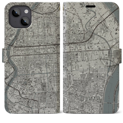 【大島（東京都）】地図柄iPhoneケース（手帳タイプ）モノトーン・iPhone 14 Plus 用