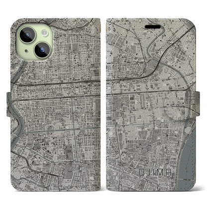 【大島（東京都）】地図柄iPhoneケース（手帳タイプ）モノトーン・iPhone 15 用