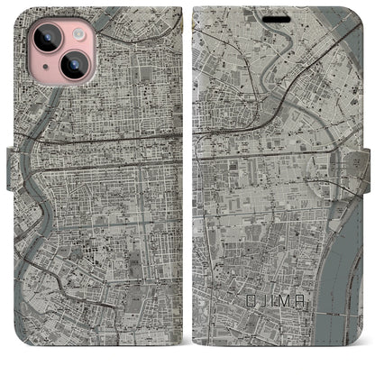 【大島（東京都）】地図柄iPhoneケース（手帳タイプ）モノトーン・iPhone 15 Plus 用