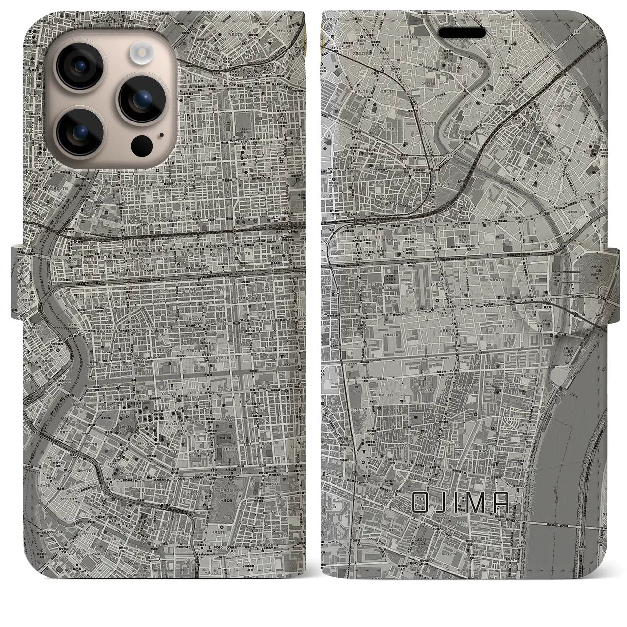 【大島（東京都）】地図柄iPhoneケース（手帳タイプ）モノトーン・iPhone 16 Plus 用