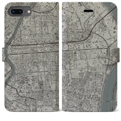 【大島（東京都）】地図柄iPhoneケース（手帳タイプ）モノトーン・iPhone 8Plus /7Plus / 6sPlus / 6Plus 用