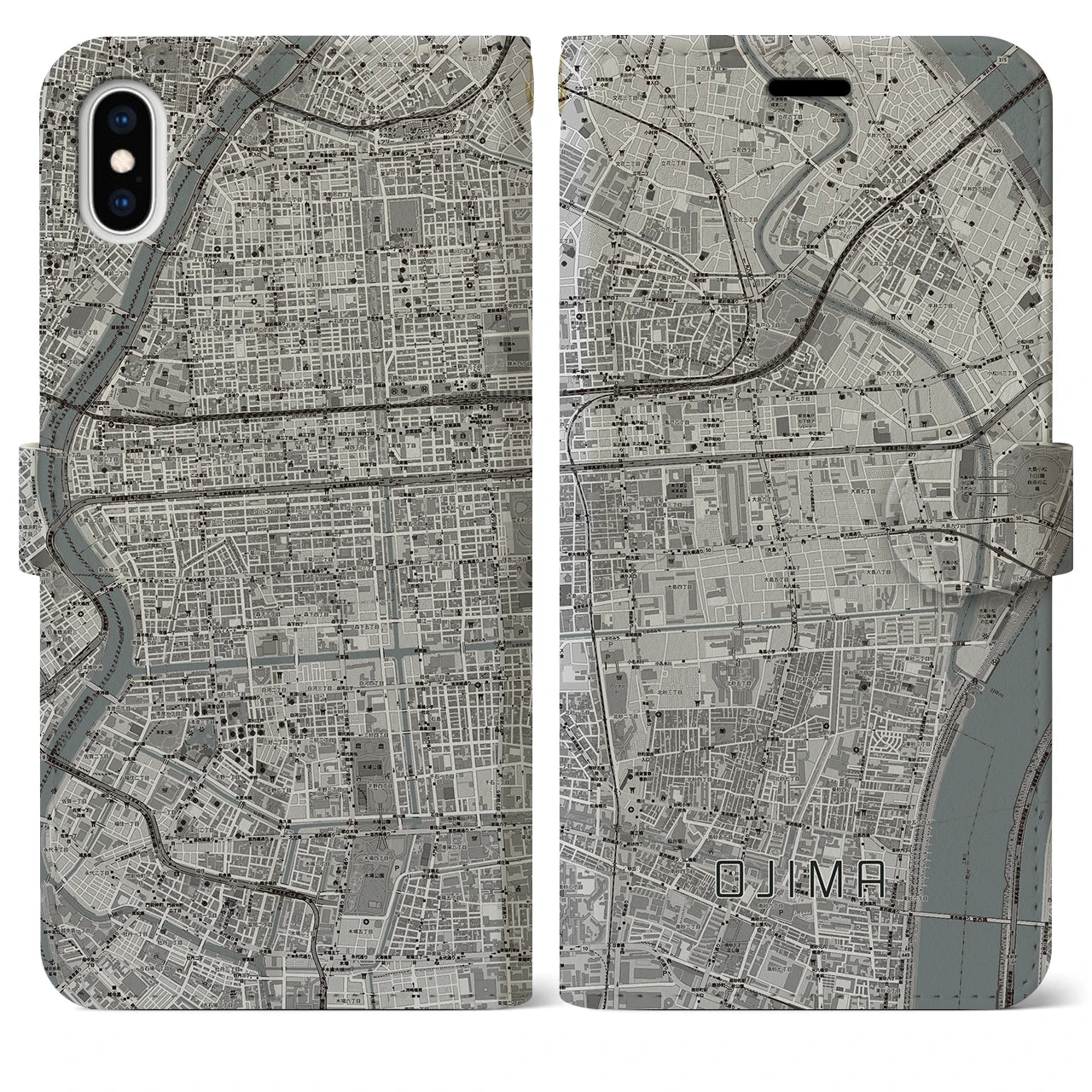 【大島】地図柄iPhoneケース（手帳両面タイプ・モノトーン）iPhone XS Max 用