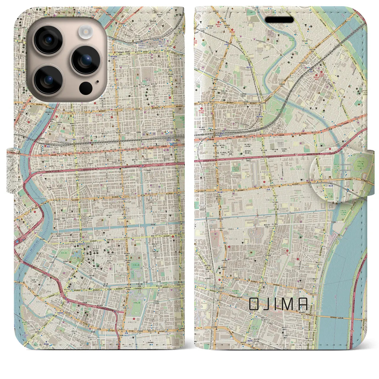 【大島（東京都）】地図柄iPhoneケース（手帳タイプ）ナチュラル・iPhone 16 Plus 用