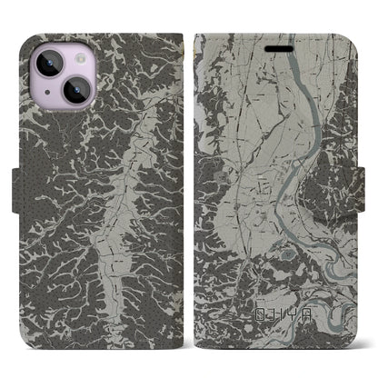 【小千谷（新潟県）】地図柄iPhoneケース（手帳タイプ）モノトーン・iPhone 14 用