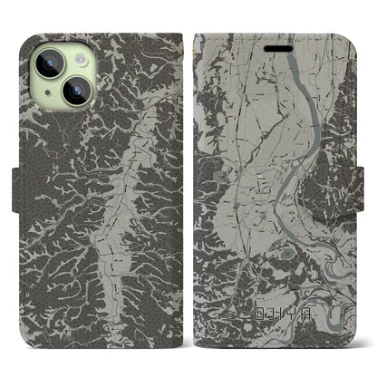 【小千谷（新潟県）】地図柄iPhoneケース（手帳タイプ）モノトーン・iPhone 15 用