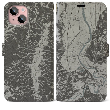 【小千谷（新潟県）】地図柄iPhoneケース（手帳タイプ）モノトーン・iPhone 15 Plus 用