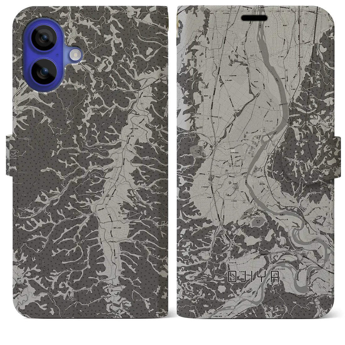 【小千谷(新潟県)】地図柄iPhoneケース(手帳タイプ)モノトーン・iPhone 16 Pro Max 用