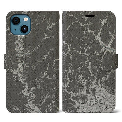 【岡部（静岡県）】地図柄iPhoneケース（手帳タイプ）モノトーン・iPhone 13 用