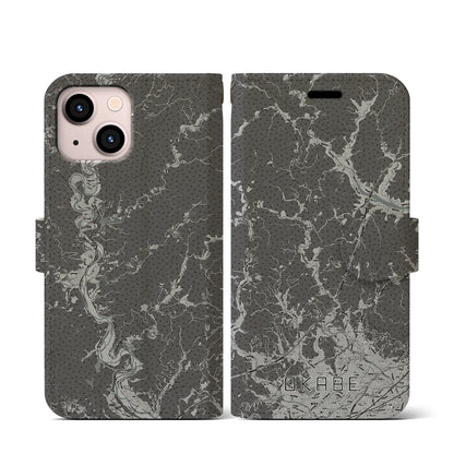 【岡部（静岡県）】地図柄iPhoneケース（手帳タイプ）モノトーン・iPhone 13 mini 用