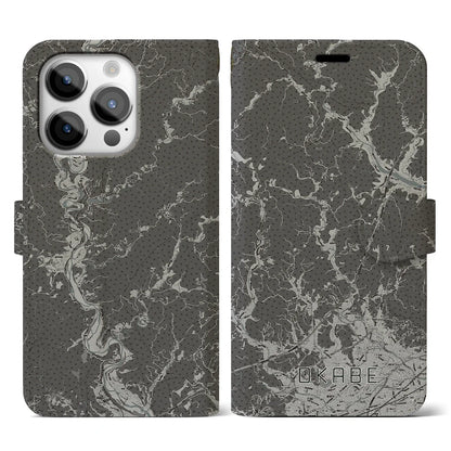 【岡部（静岡県）】地図柄iPhoneケース（手帳タイプ）モノトーン・iPhone 14 Pro 用