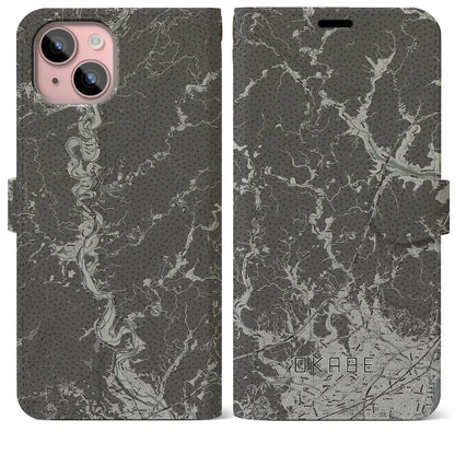 【岡部（静岡県）】地図柄iPhoneケース（手帳タイプ）モノトーン・iPhone 15 Plus 用