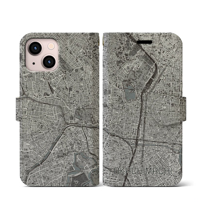 【御徒町（東京都）】地図柄iPhoneケース（手帳タイプ）モノトーン・iPhone 13 mini 用