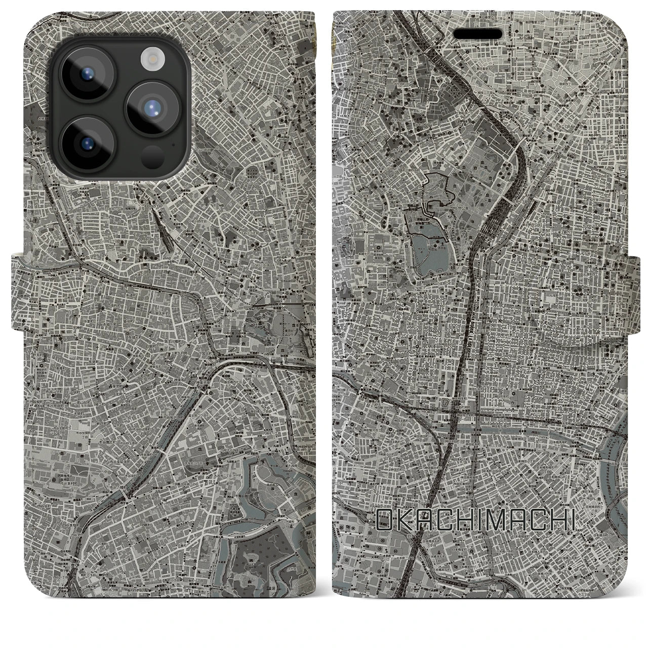 【御徒町】地図柄iPhoneケース（手帳両面タイプ・モノトーン）iPhone 15 Pro Max 用