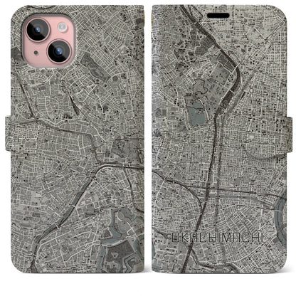 【御徒町（東京都）】地図柄iPhoneケース（手帳タイプ）モノトーン・iPhone 15 Plus 用