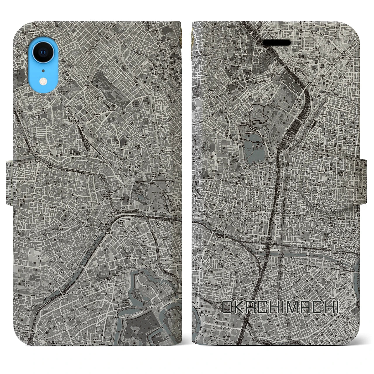 【御徒町】地図柄iPhoneケース（手帳両面タイプ・モノトーン）iPhone XR 用