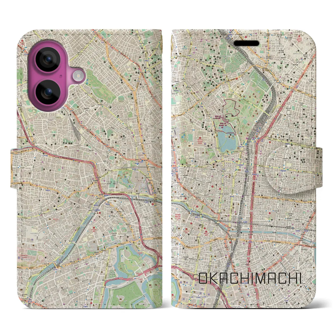 【御徒町（東京都）】地図柄iPhoneケース（手帳タイプ）ナチュラル・iPhone 16 Pro 用