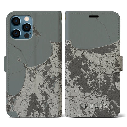 【岡垣（福岡県）】地図柄iPhoneケース（手帳タイプ）モノトーン・iPhone 12 / 12 Pro 用