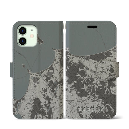 【岡垣（福岡県）】地図柄iPhoneケース（手帳タイプ）モノトーン・iPhone 12 mini 用