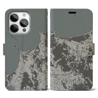 【岡垣（福岡県）】地図柄iPhoneケース（手帳タイプ）モノトーン・iPhone 14 Pro 用