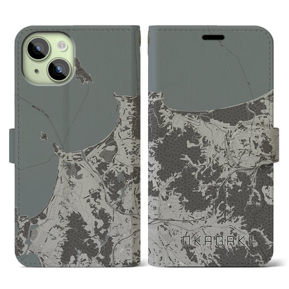 【岡垣（福岡県）】地図柄iPhoneケース（手帳タイプ）モノトーン・iPhone 15 用