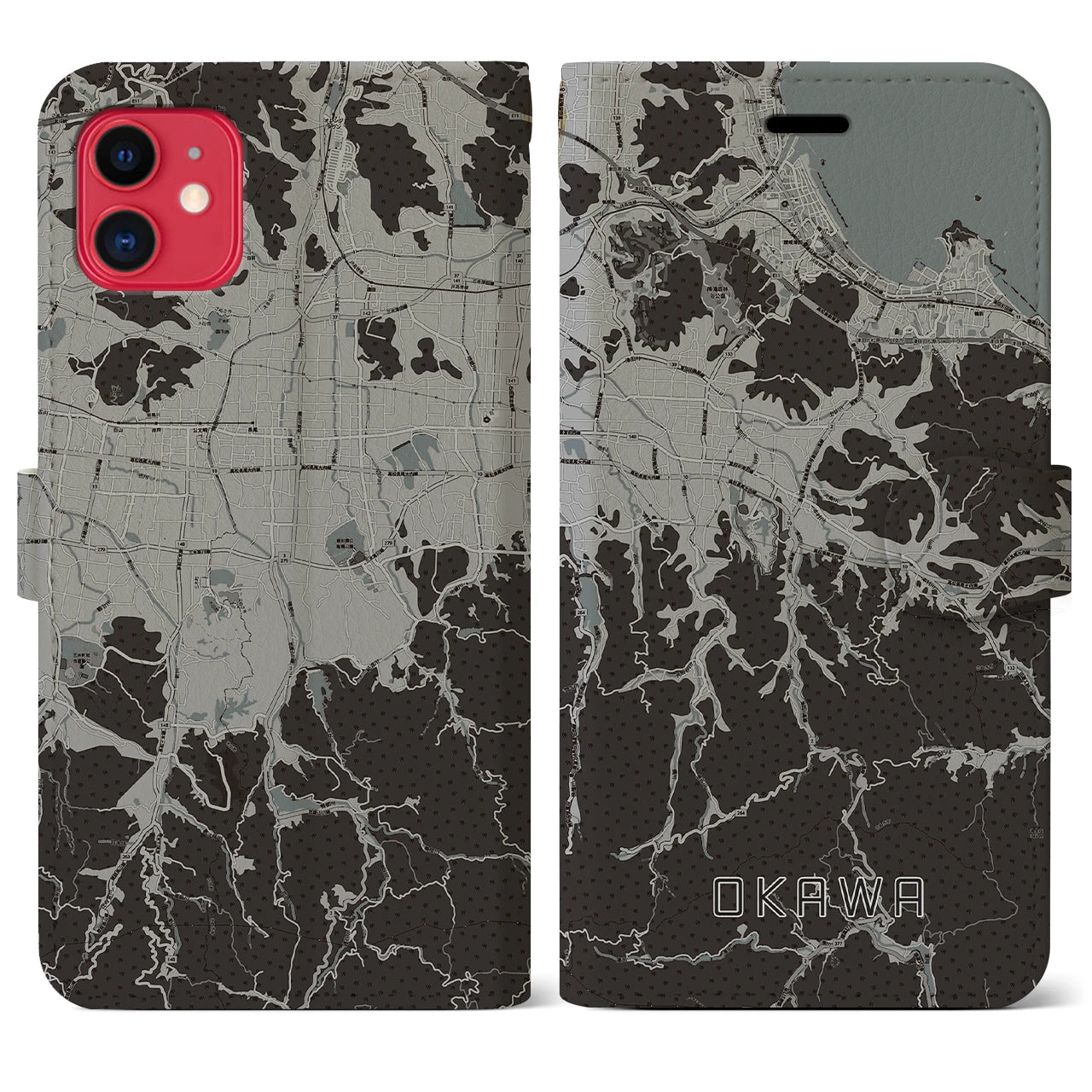 【大川】地図柄iPhoneケース（手帳両面タイプ・モノトーン）iPhone 11 用