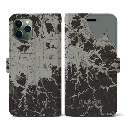 【大川（香川県）】地図柄iPhoneケース（手帳タイプ）モノトーン・iPhone 11 Pro 用