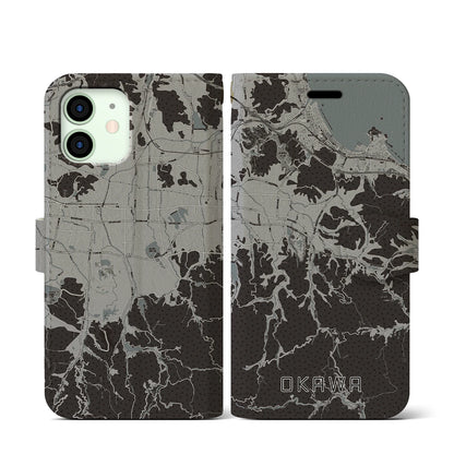 【大川（香川県）】地図柄iPhoneケース（手帳タイプ）モノトーン・iPhone 12 mini 用