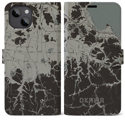 【大川（香川県）】地図柄iPhoneケース（手帳タイプ）モノトーン・iPhone 14 Plus 用