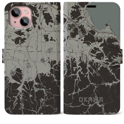【大川（香川県）】地図柄iPhoneケース（手帳タイプ）モノトーン・iPhone 15 Plus 用