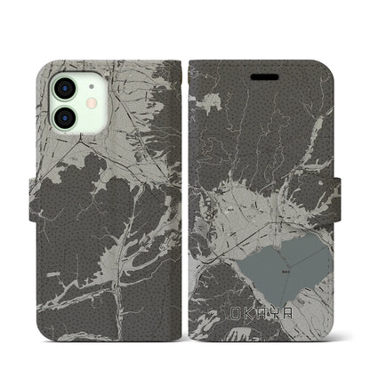 【岡谷（長野県）】地図柄iPhoneケース（手帳タイプ）モノトーン・iPhone 12 mini 用