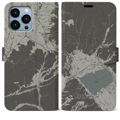 【岡谷（長野県）】地図柄iPhoneケース（手帳タイプ）モノトーン・iPhone 13 Pro Max 用