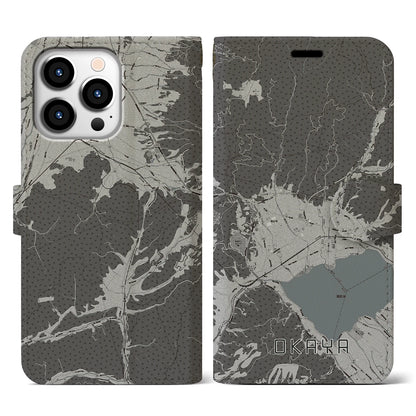 【岡谷（長野県）】地図柄iPhoneケース（手帳タイプ）モノトーン・iPhone 13 Pro 用