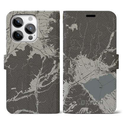 【岡谷（長野県）】地図柄iPhoneケース（手帳タイプ）モノトーン・iPhone 14 Pro 用