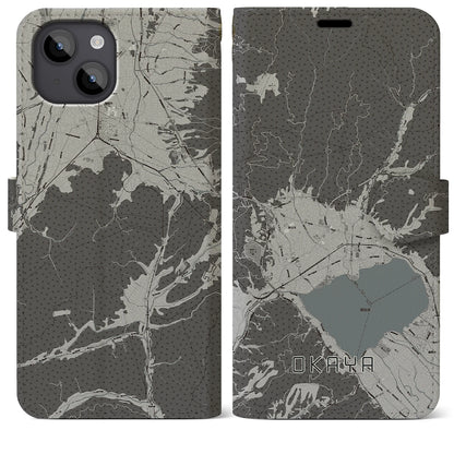 【岡谷（長野県）】地図柄iPhoneケース（手帳タイプ）モノトーン・iPhone 14 Plus 用