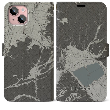 【岡谷（長野県）】地図柄iPhoneケース（手帳タイプ）モノトーン・iPhone 15 Plus 用