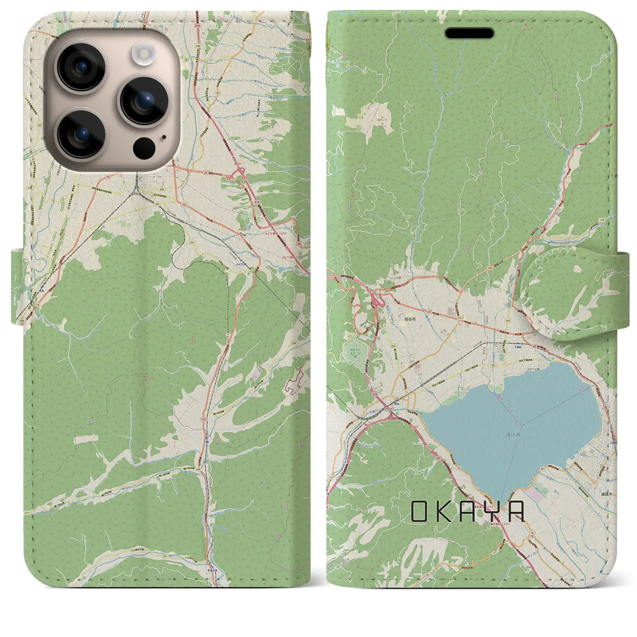 【岡谷（長野県）】地図柄iPhoneケース（手帳タイプ）ナチュラル・iPhone 16 Plus 用