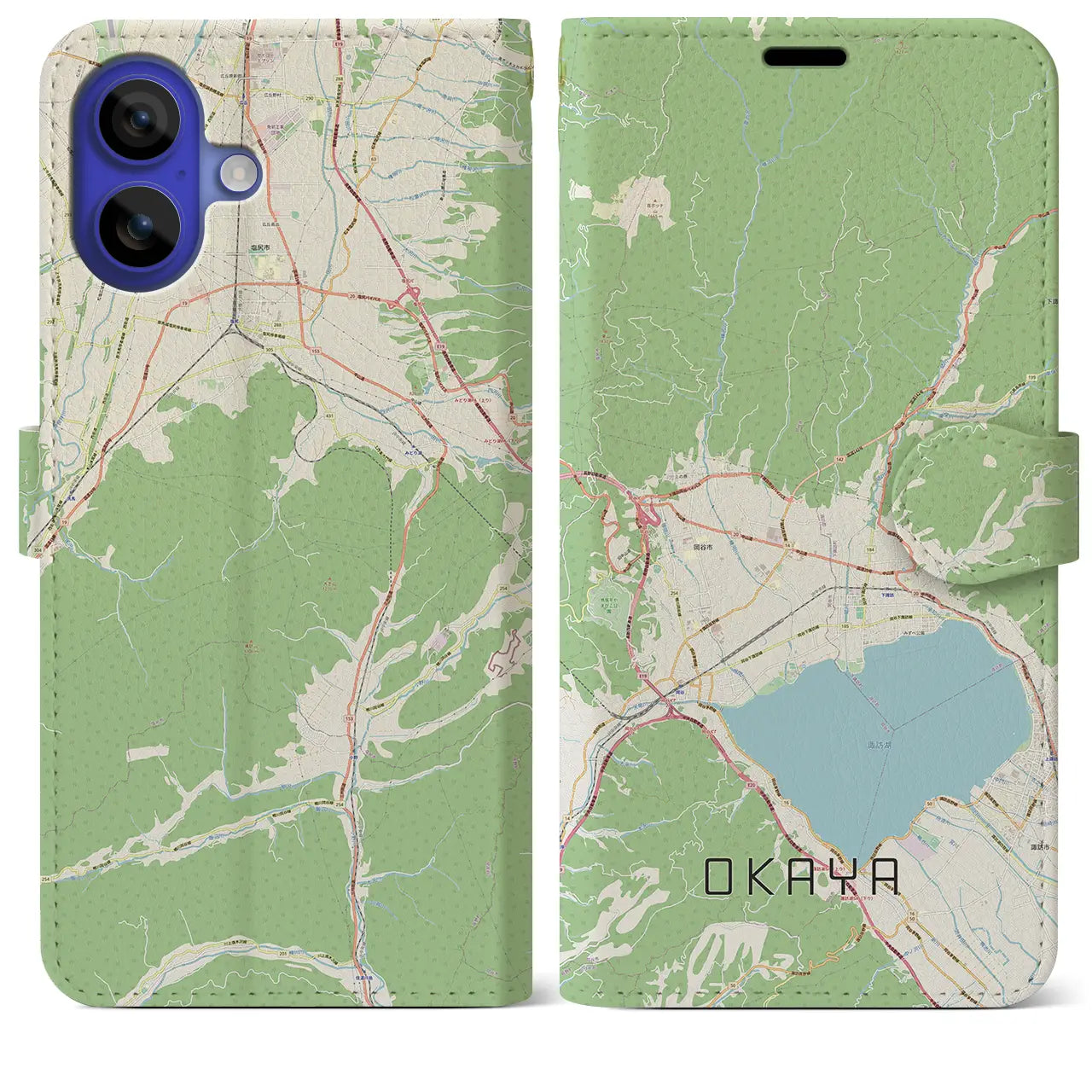 【岡谷（長野県）】地図柄iPhoneケース（手帳タイプ）ナチュラル・iPhone 16 Pro Max 用