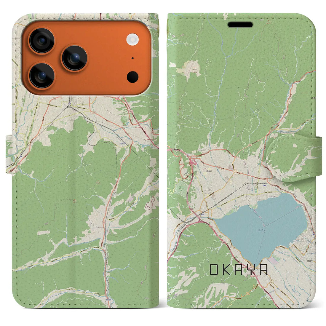 【岡谷（長野県）】地図柄iPhoneケース（手帳タイプ）ナチュラル・iPhone 17 Pro Max 用