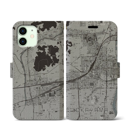 【岡山2（岡山県）】地図柄iPhoneケース（手帳タイプ）モノトーン・iPhone 12 mini 用