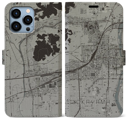 【岡山2（岡山県）】地図柄iPhoneケース（手帳タイプ）モノトーン・iPhone 13 Pro Max 用