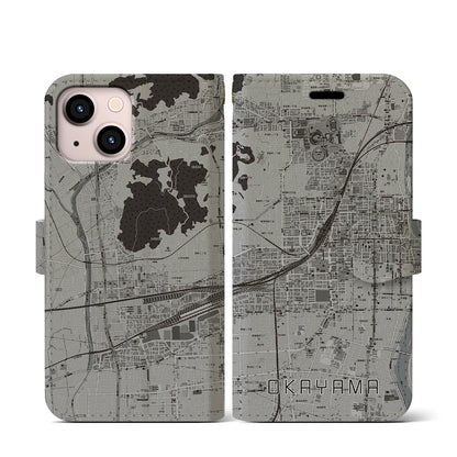 【岡山2（岡山県）】地図柄iPhoneケース（手帳タイプ）モノトーン・iPhone 13 mini 用