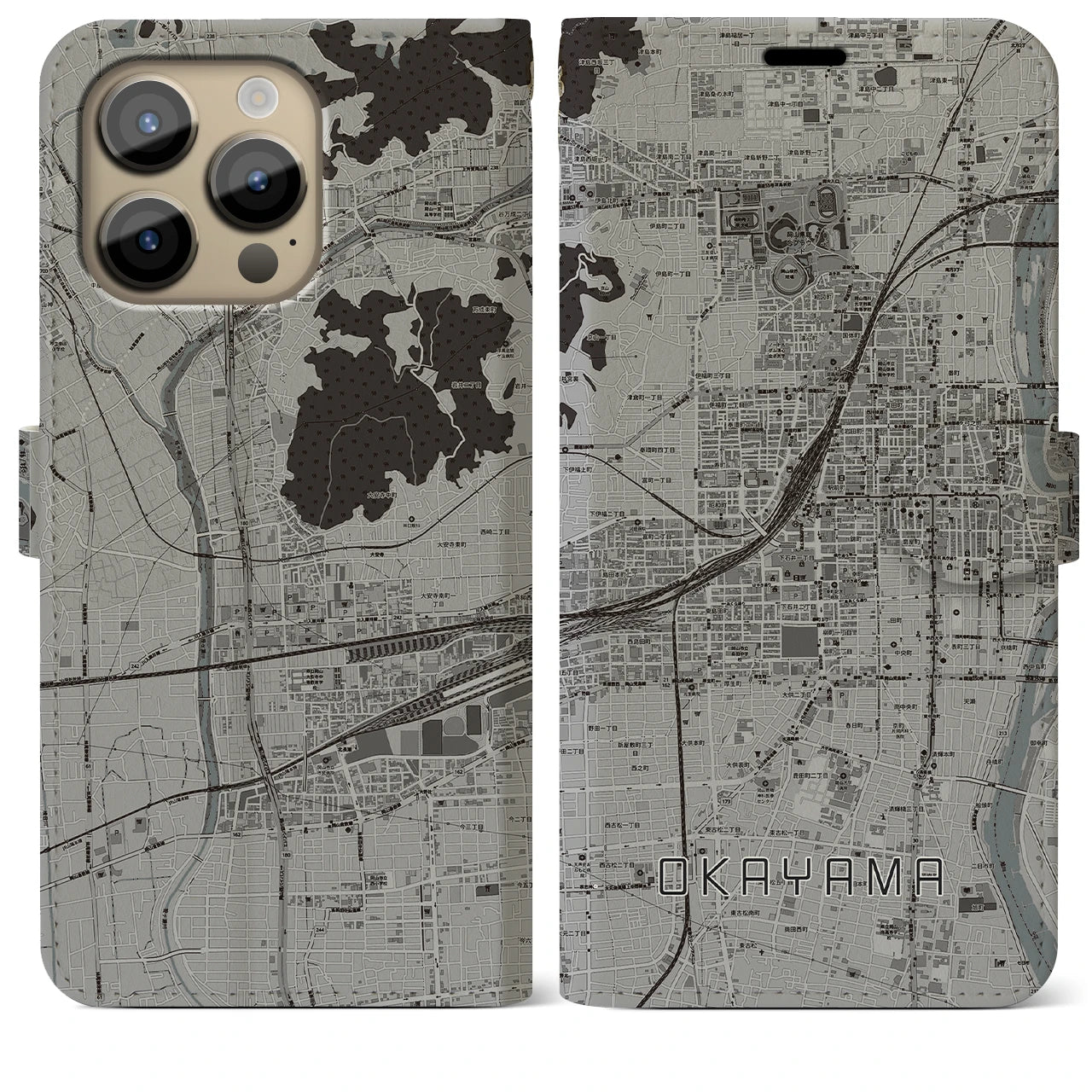 【岡山2】地図柄iPhoneケース（手帳両面タイプ・モノトーン）iPhone 14 Pro Max 用
