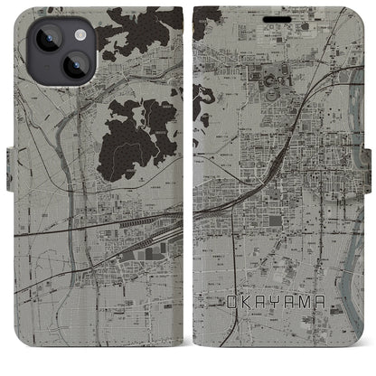 【岡山2（岡山県）】地図柄iPhoneケース（手帳タイプ）モノトーン・iPhone 14 Plus 用